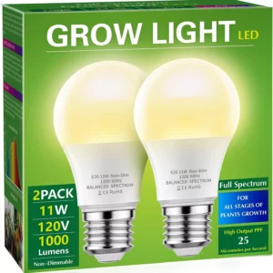 Briignite LED Grow Lights, Full Spectrum A19 Bulbs, E26 Base, 11W Equivalent to 100W, For Indoor Plants, Seed Starting, 2 Pack