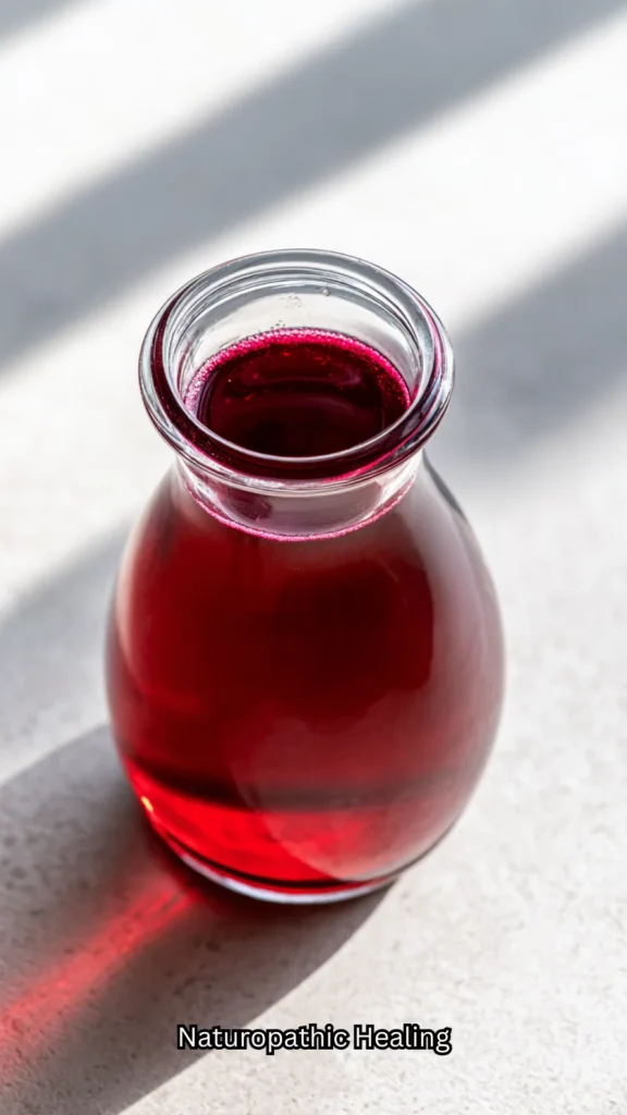 Ruby red beet kvass fermented drink in glass carafe, probiotic fermented foods for gut health