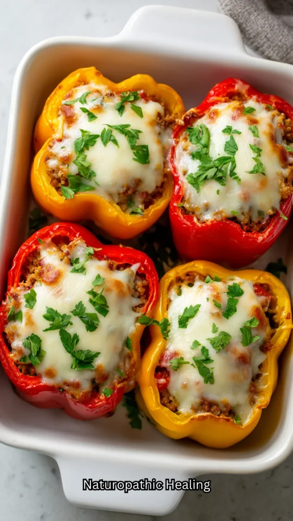 Healthy ground turkey stuffed bell peppers with quinoa and melted mozzarella in a baking dish, top-view