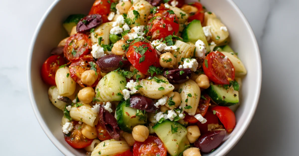 high-protein Mediterranean pasta salad with simple ingredients