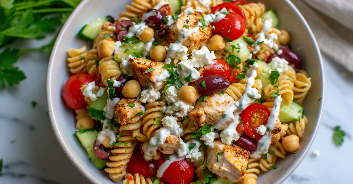 high-protein pasta salad with Greek yogurt dressing