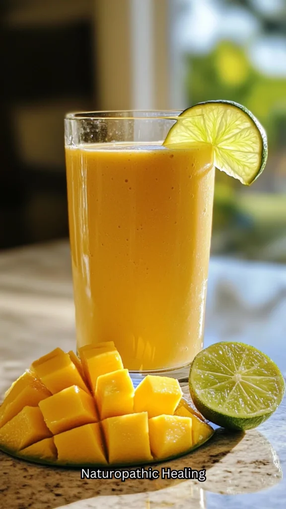 A bright yellow mango and soy milk smoothie in a glass with a lime wedge, a hormone-balancing smoothie for menopausal women