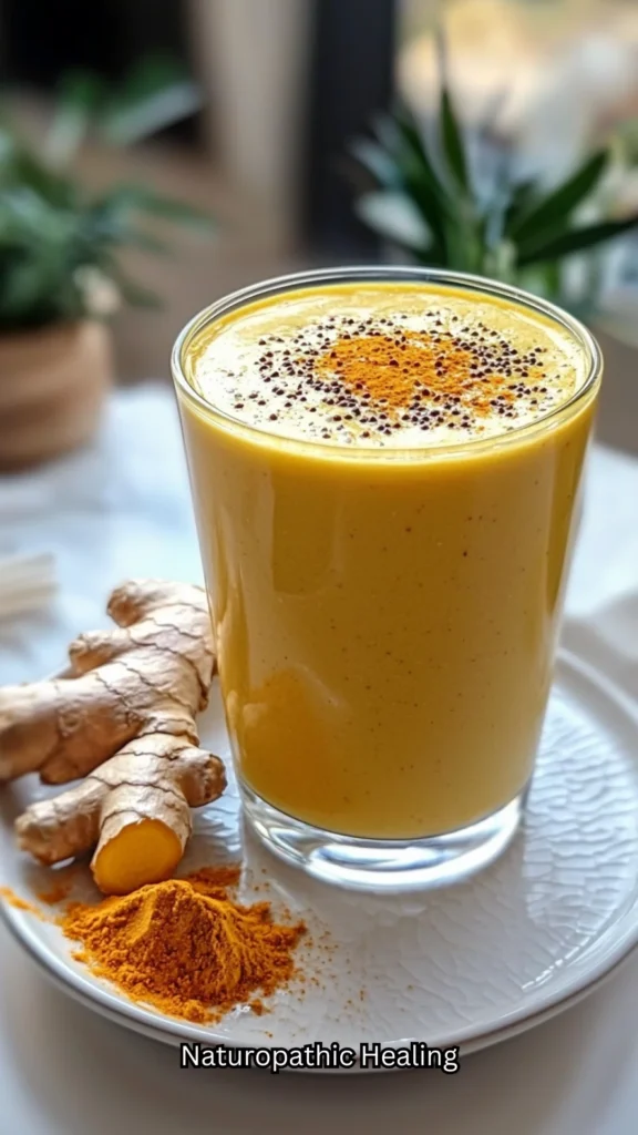 A golden turmeric and ginger anti-inflammatory smoothie in a glass with a pinch of black pepper, ideal for women during menopause