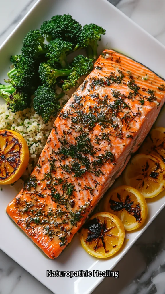 Top-down view of a cooked salmon fillet seasoned with herbs and lemon slices, served alongside steamed broccoli and cauliflower rice on a square white plate.