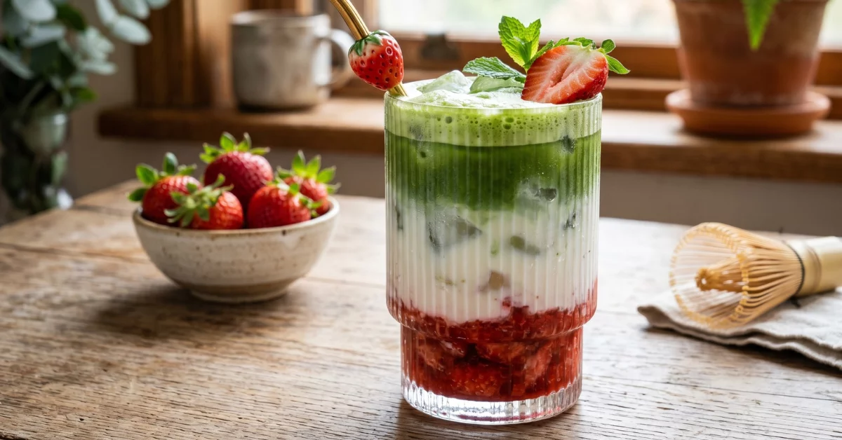 iced strawberry matcha latte recipe in 5 minutes