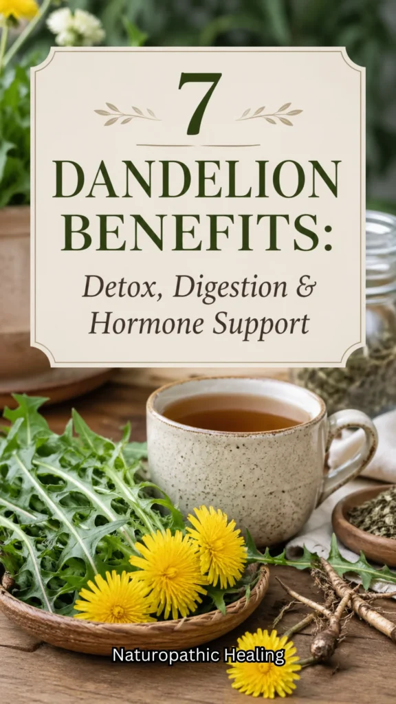 Dandelion benefits scene with fresh leaves, flowers, dried herbs, and a ceramic cup of tea