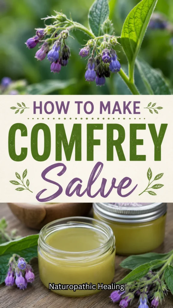 Purple comfrey flowers and homemade herbal salve jars displayed on a rustic wooden table.
