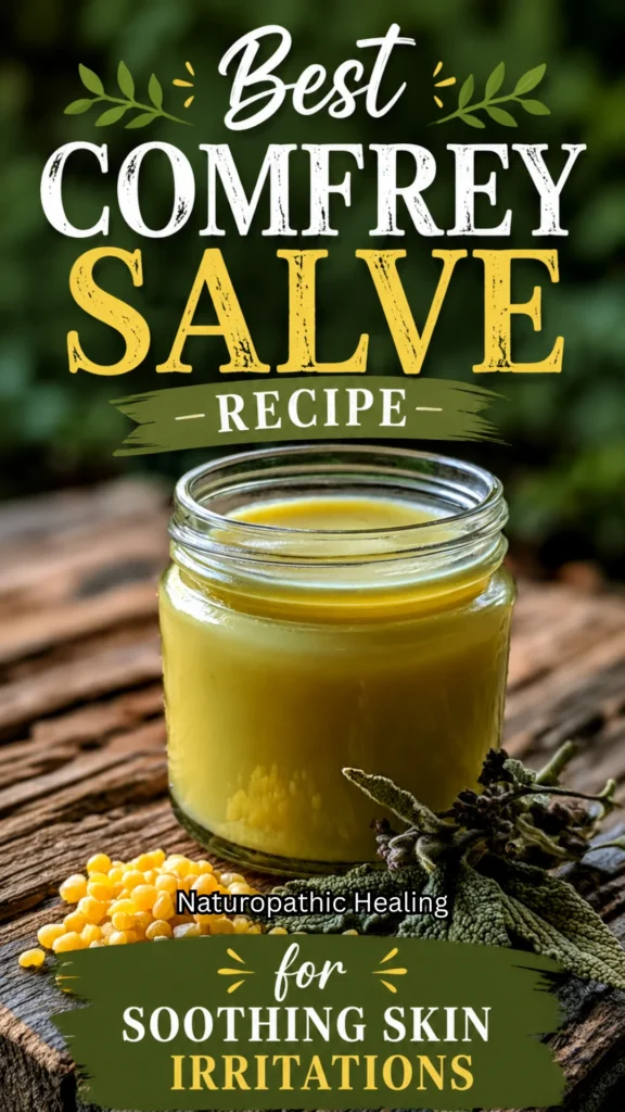 Open jar of smooth comfrey salve surrounded by fresh comfrey leaves and purple flowers.