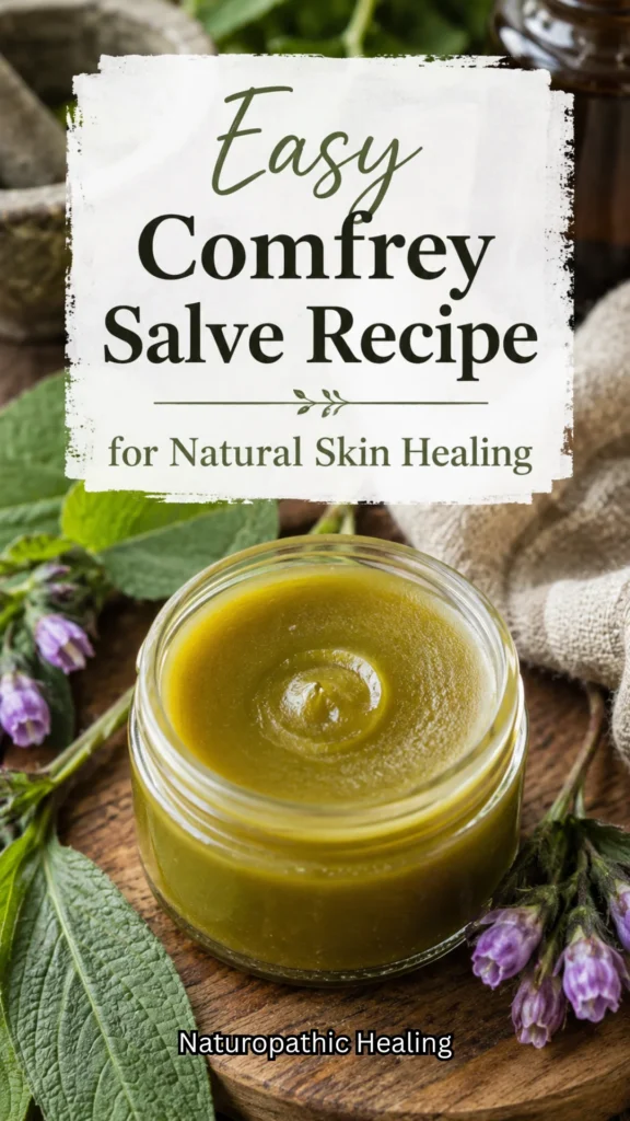 Glass jar of comfrey salve with dried herbs and beeswax pellets on a weathered wood surface.