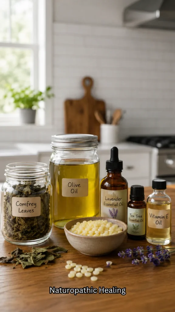 Comfrey salve ingredients arranged on a wooden kitchen table with oils, beeswax pellets, and dried herbs in a modern kitchen.