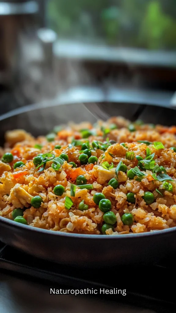 Cauliflower fried rice with eggs, peas, carrots, and green onions in a skillet – easy low-carb alternative to fried rice for beginners