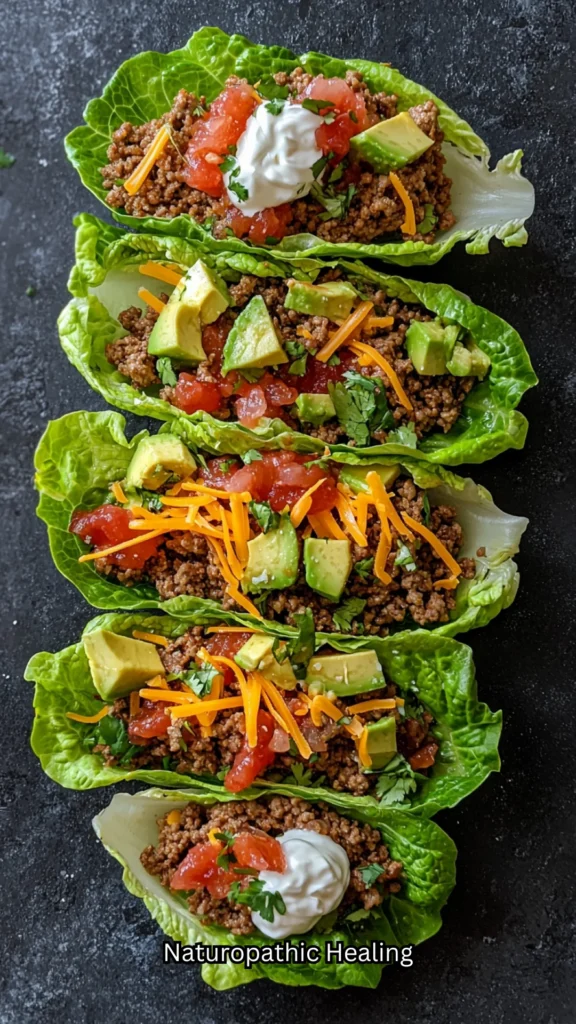 Butter lettuce wrap tacos filled with seasoned ground beef, salsa, cheese, and diced avocado – simple low-carb taco recipe for beginners